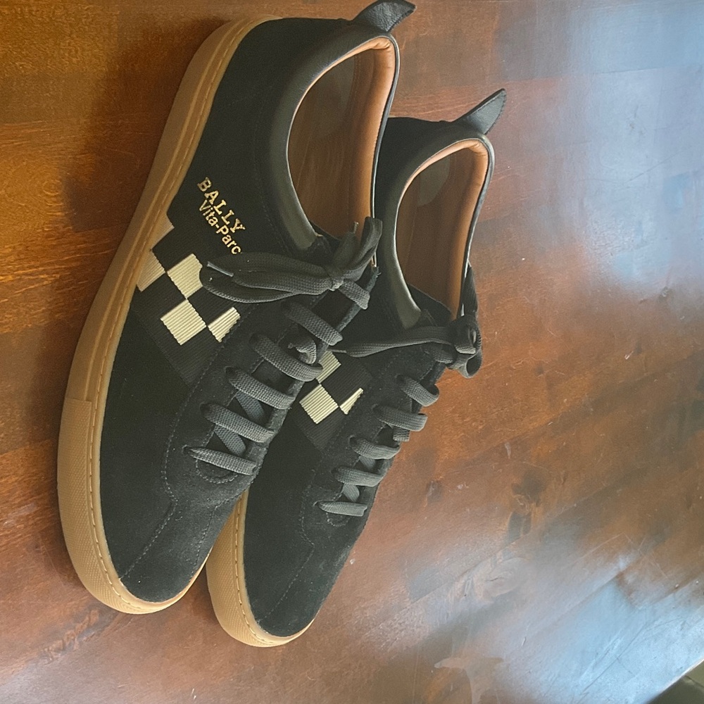 Bally Black Suede Sneakers with Gum Sole and Cream Checker Detail